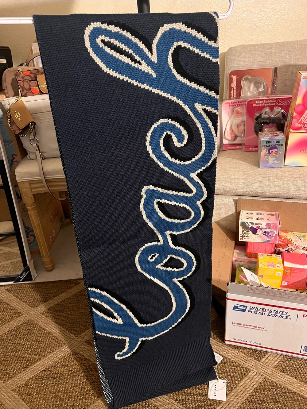 Coach Men’s Navy Blue Knit Scarf with Light Blue Script